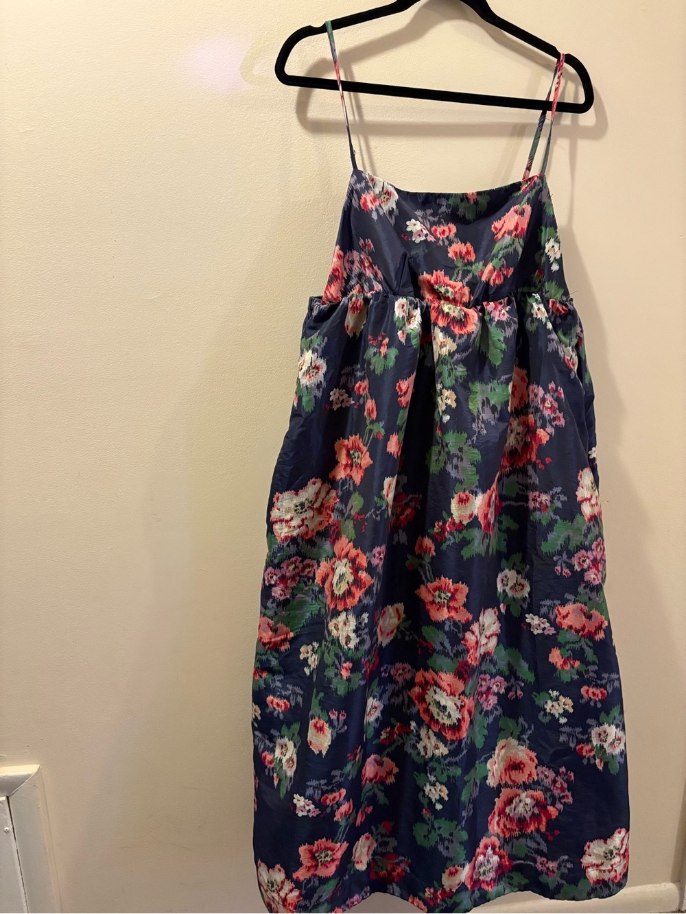 BHLDN Navy Floral Midi Dress with Pink & Green Accents